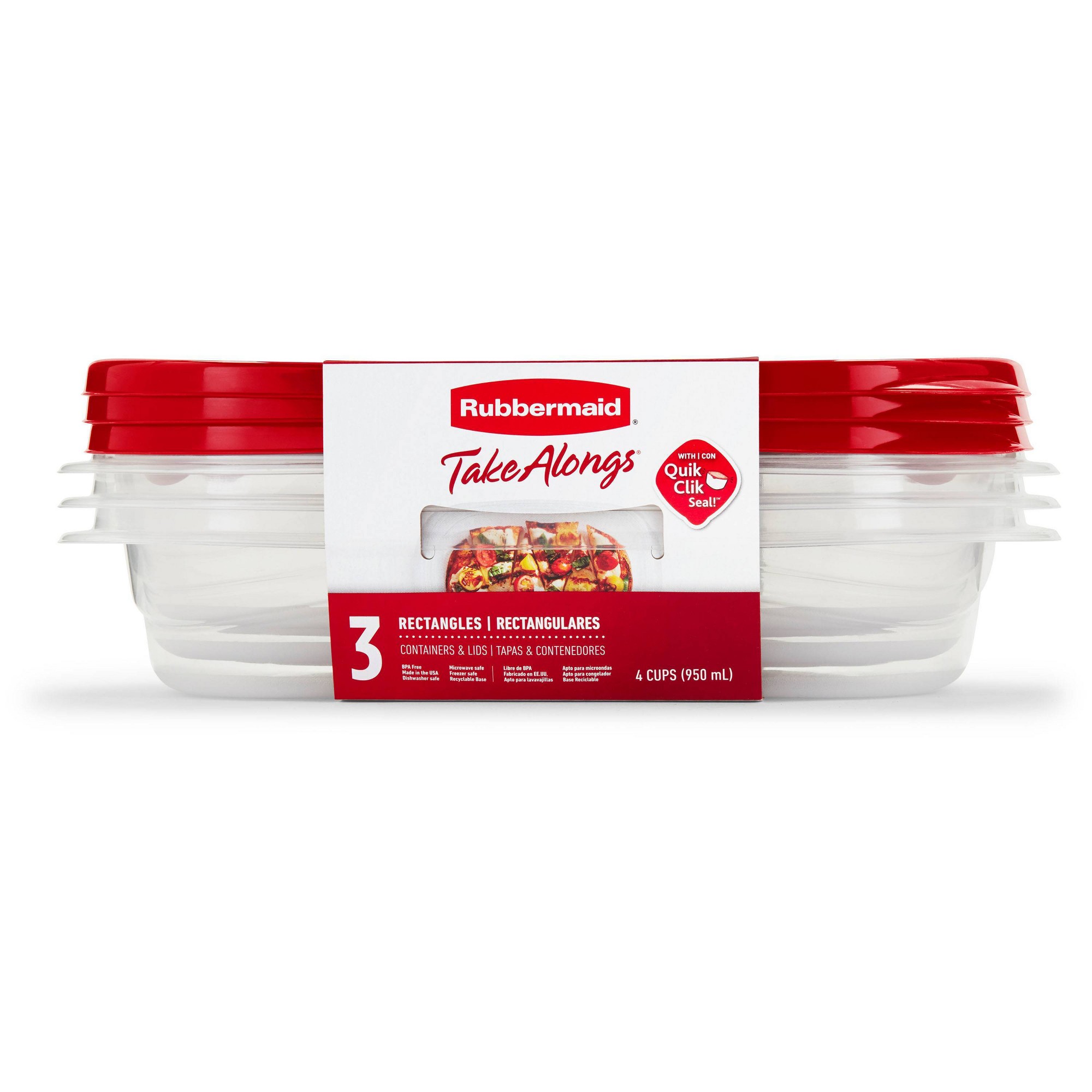 Meal Prep Kitchen - 赤い長方形の食品保存容器3個（蓋付き）、4カップ用の再利用可能な食事準備ボックス（キッチンやランチ用）