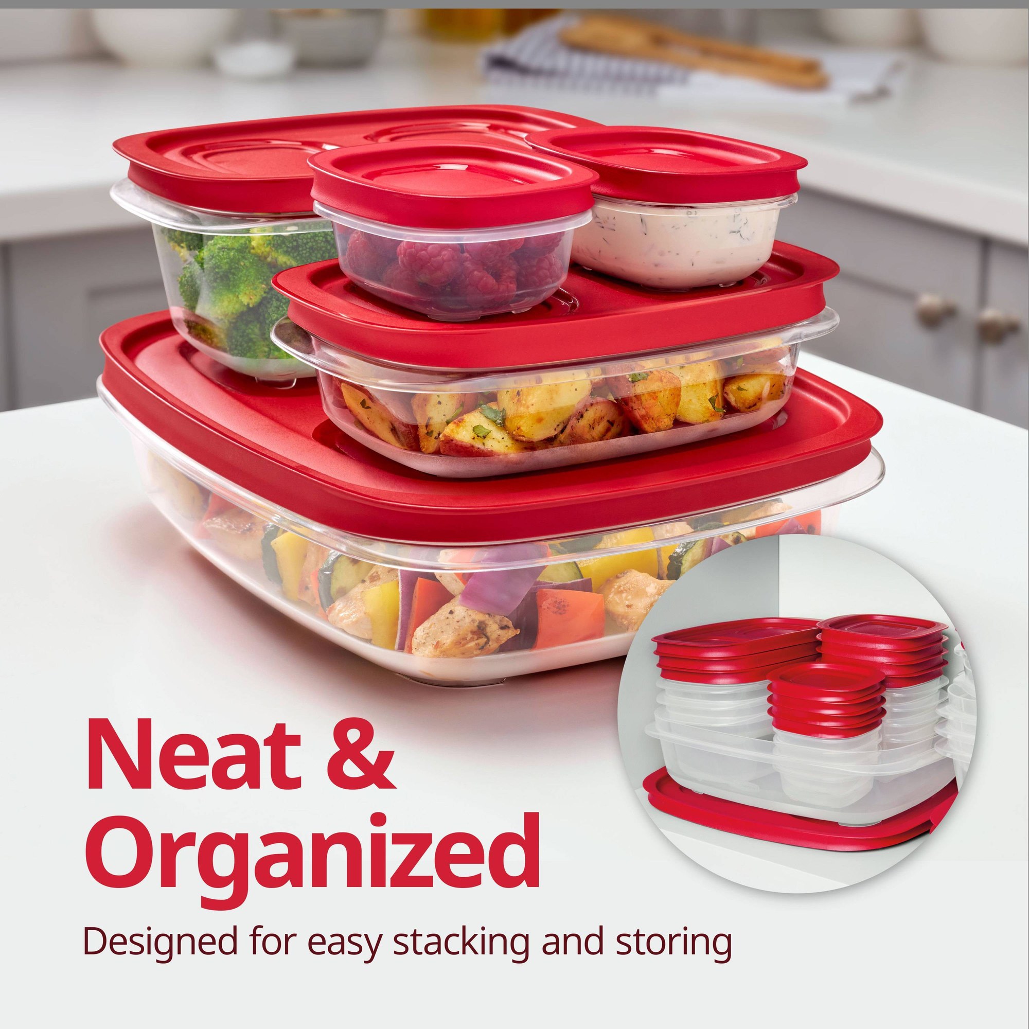 赤い長方形の食品保存容器、キッチンでの食事の準備に便利な蓋付 - Meal Prep Kitchen のレビューと価格
